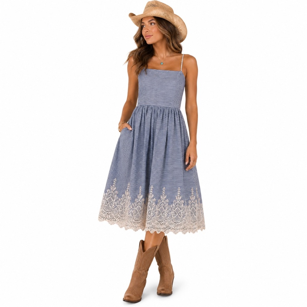 Gianni Bini Blue Striped Cotton Lace Hem Sundress 10 Cottagecore Midi Dress 10